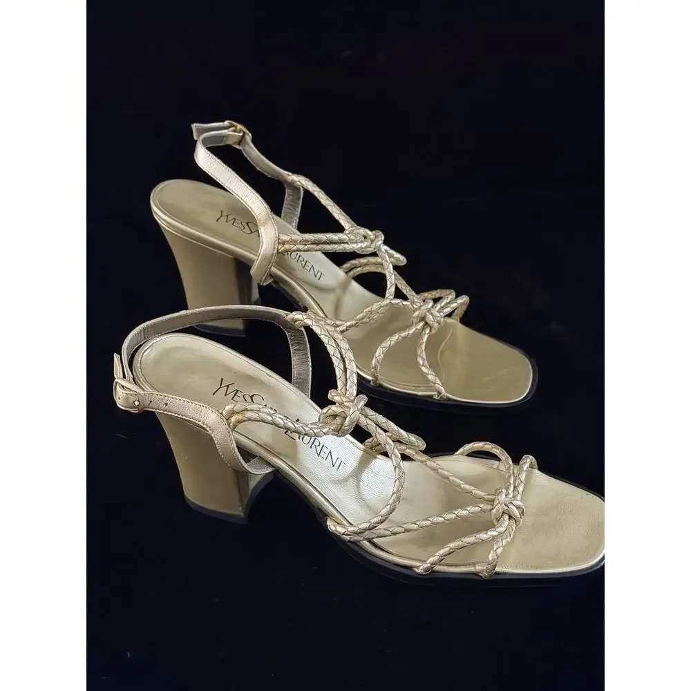 Yves Saint Laurent Braided Leather Gold Chunky Heel Open Toe Sandal 7.5 - Picture 2 of 11